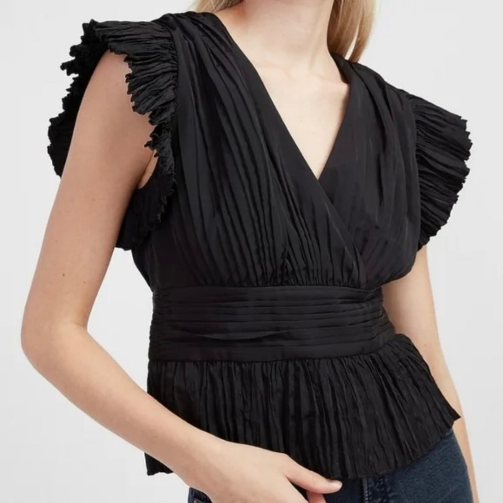 Express Black Pleated Ruffle Sleeve Peplum V-Neck Blouse Top ChicWomen's Small